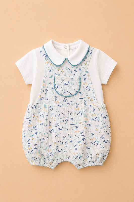 Ensemble Bébé Garçon 2 Pièces – Barboteuse Imprimée & T-shirt à Col Claudine