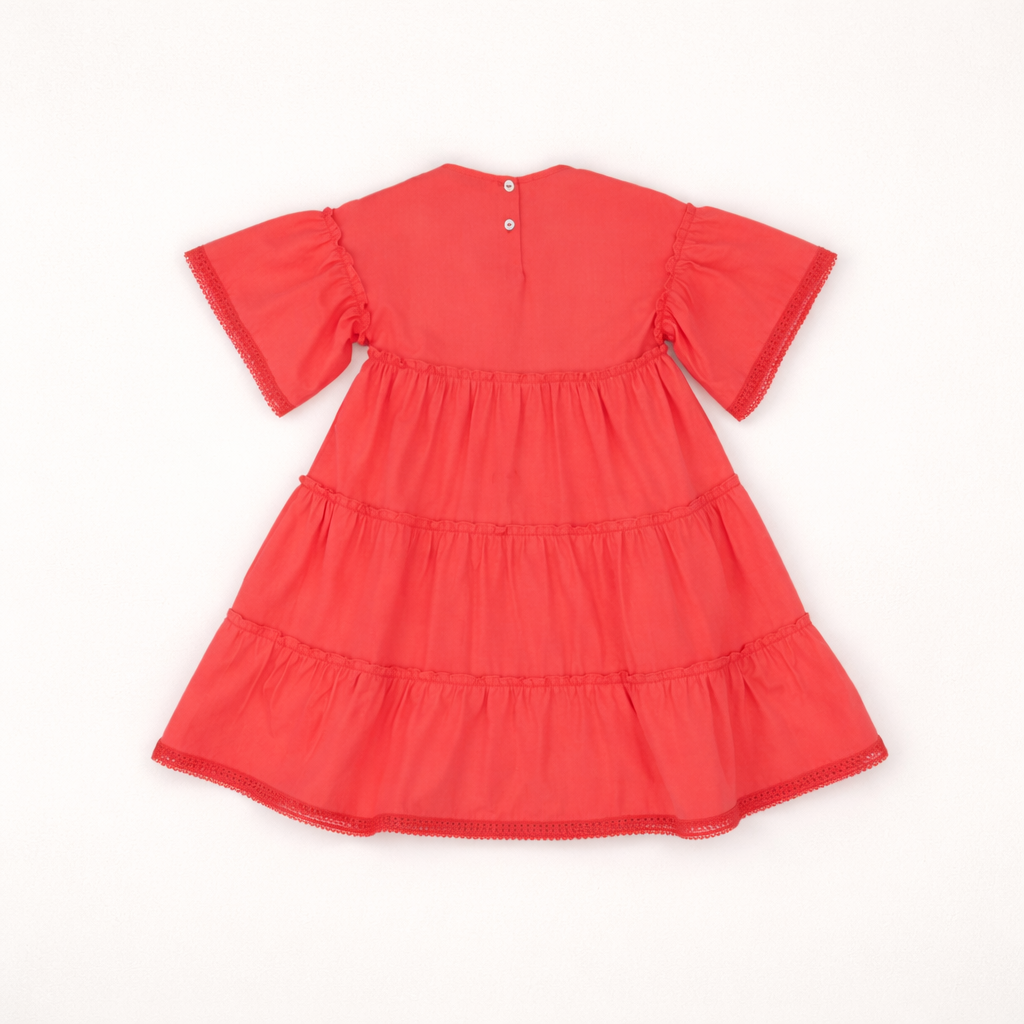 Robe fille rouge corail à volants – Élégance & fraîcheur estivale