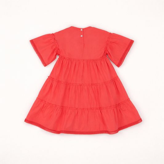 Robe fille rouge corail à volants – Élégance & fraîcheur estivale