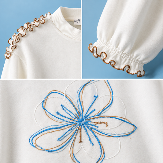 Sweat-shirt Écru à Motif Fleur Brodée & Détails Volantés