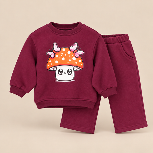 Ensemble Bébé Fille – Sweat & Pantalon Bordeaux (Motif Champignon Kawaii)
