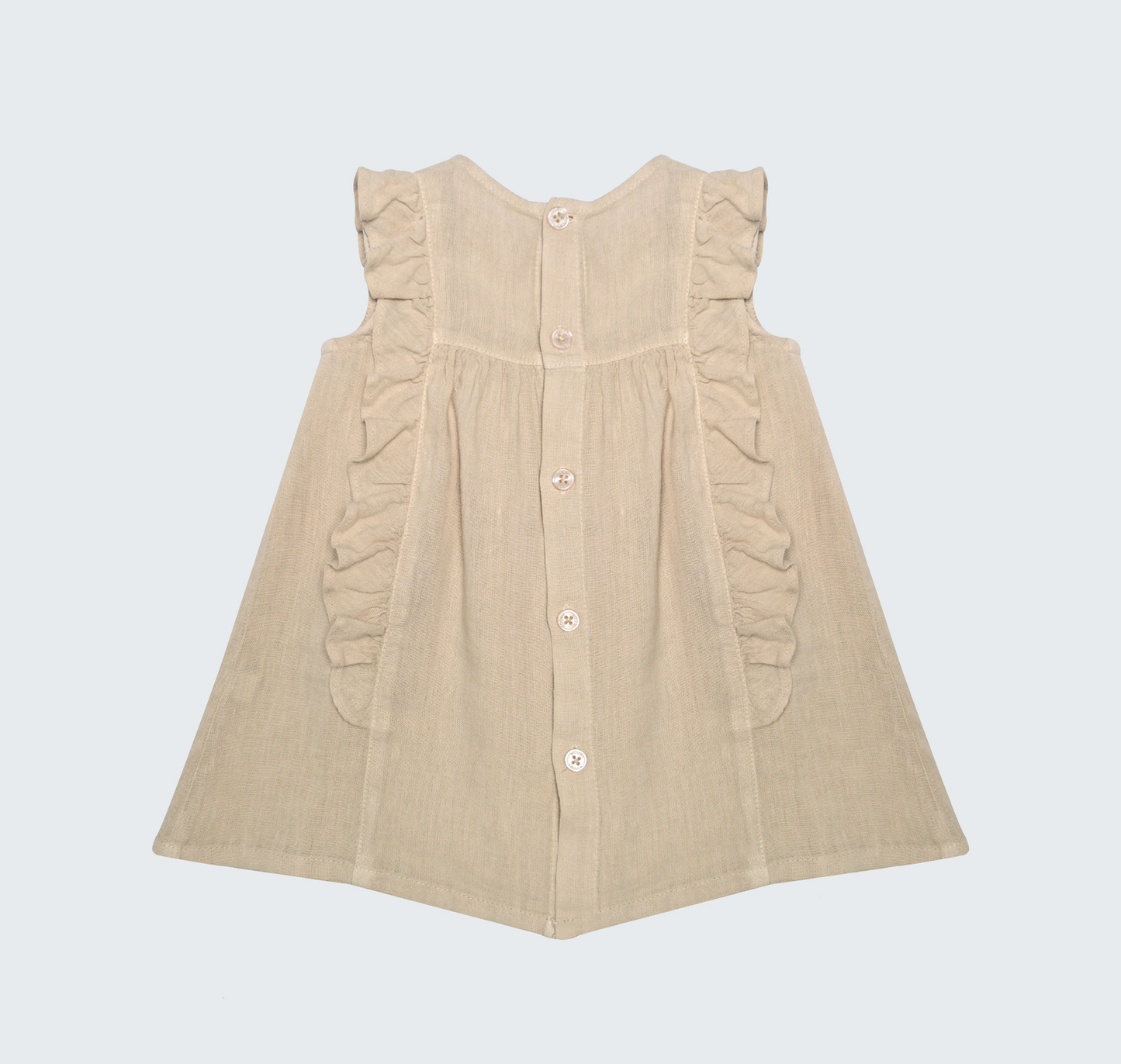 Robe en lin beige, naturel avec volant et galon macramé sur le devant