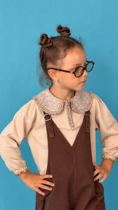 Blouse Beige à Grand Col Fleuri Rétro & Sérigraphie Fleur