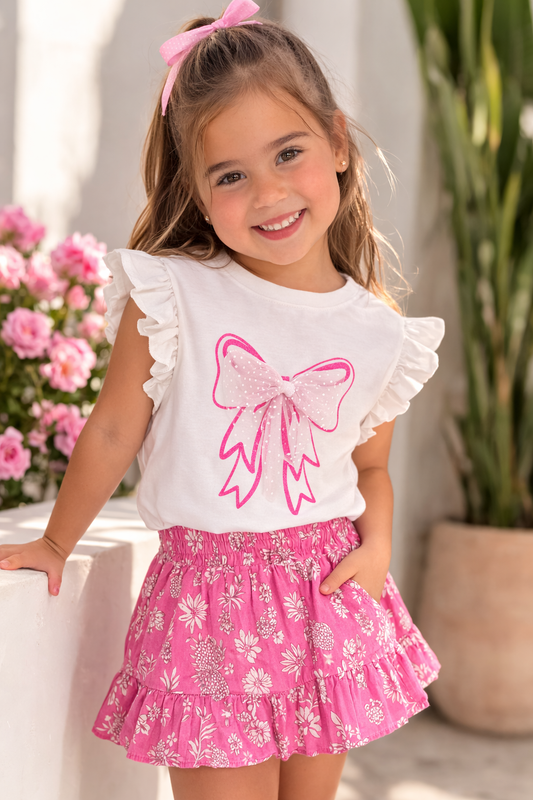 Ensemble fille t-shirt blanc & jupe rose – Douceur & style romantique