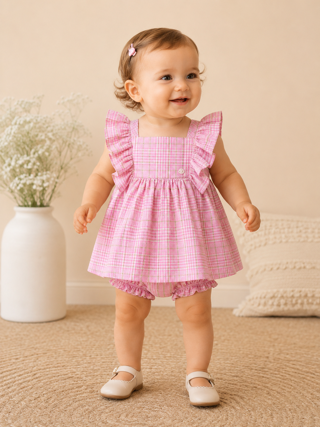 Ensemble Bébé Fille 2 Pièces – Robe à Carreaux Rose & Bloomer Assorti