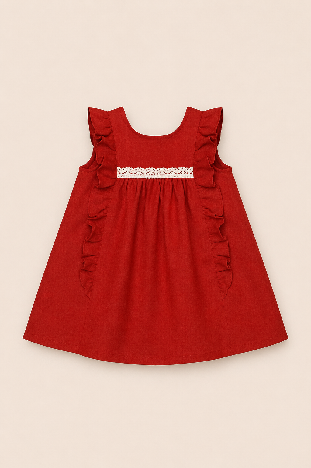 Robe en lin corail avec volant et galon macramé sur le devant