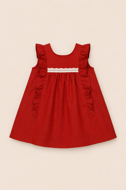 Robe en lin corail avec volant et galon macramé sur le devant