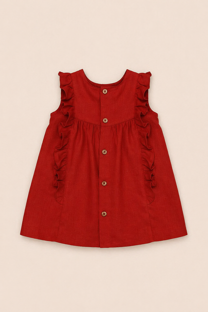 Robe en lin corail avec volant et galon macramé sur le devant