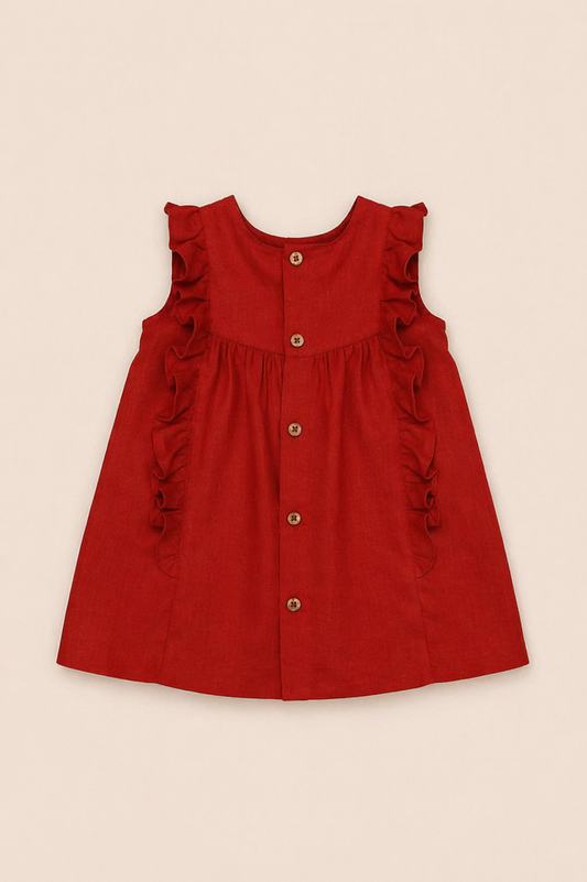 Robe en lin corail avec volant et galon macramé sur le devant