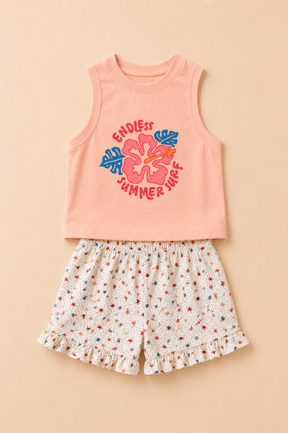 Ensemble Fille 2 Pièces – Débardeur Imprimé & Short Fleuri