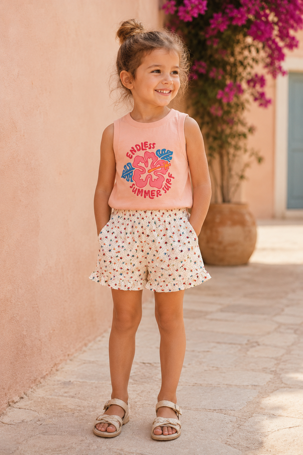 Ensemble Fille 2 Pièces – Débardeur Imprimé & Short Fleuri