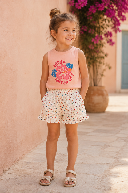 Ensemble Fille 2 Pièces – Débardeur Imprimé & Short Fleuri