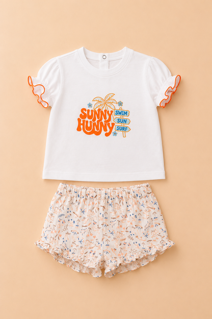 Ensemble Fille 2 Pièces – T-shirt « Sunny Hunny » & Short Fleuri