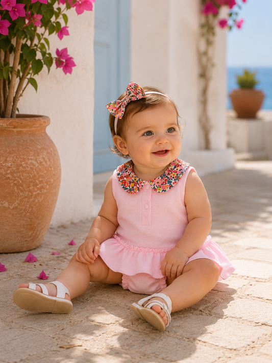 Barboteuse Bébé Fille – Col Fleuri & Jupe Volantée