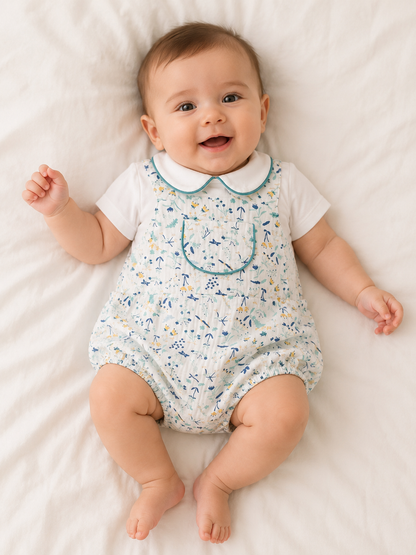 Ensemble Bébé Garçon 2 Pièces – Barboteuse Imprimée & T-shirt à Col Claudine