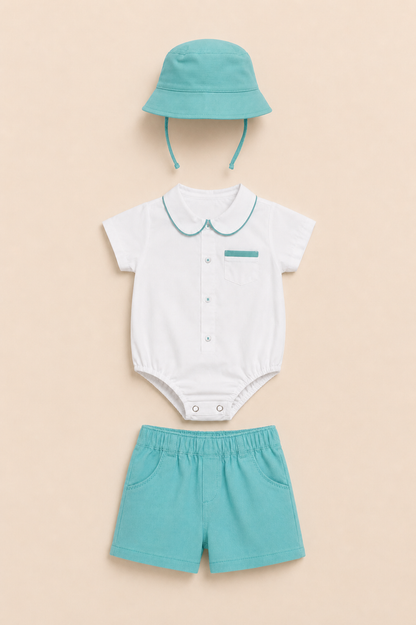 Ensemble Bébé Garçon 3 Pièces – Chemise, Short & Chapeau Assortis