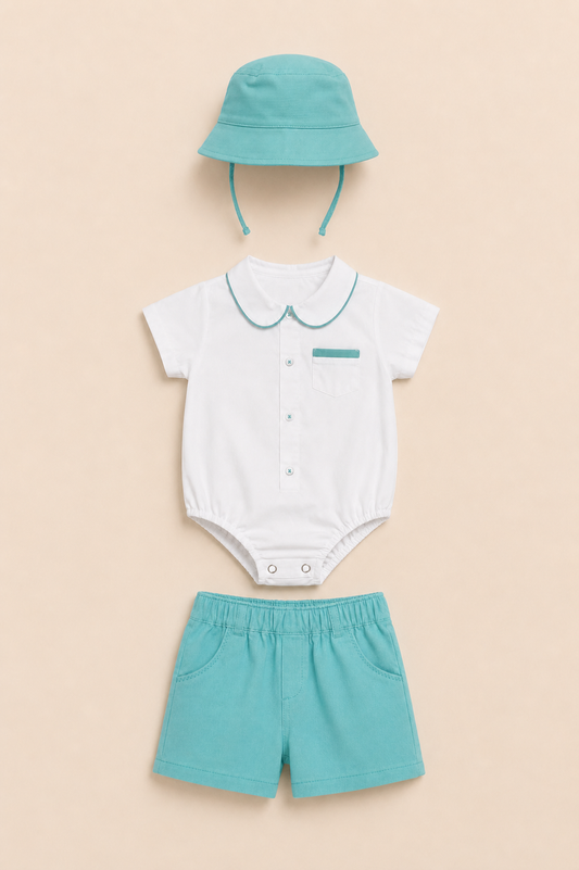 Ensemble Bébé Garçon 3 Pièces – Chemise, Short & Chapeau Assortis