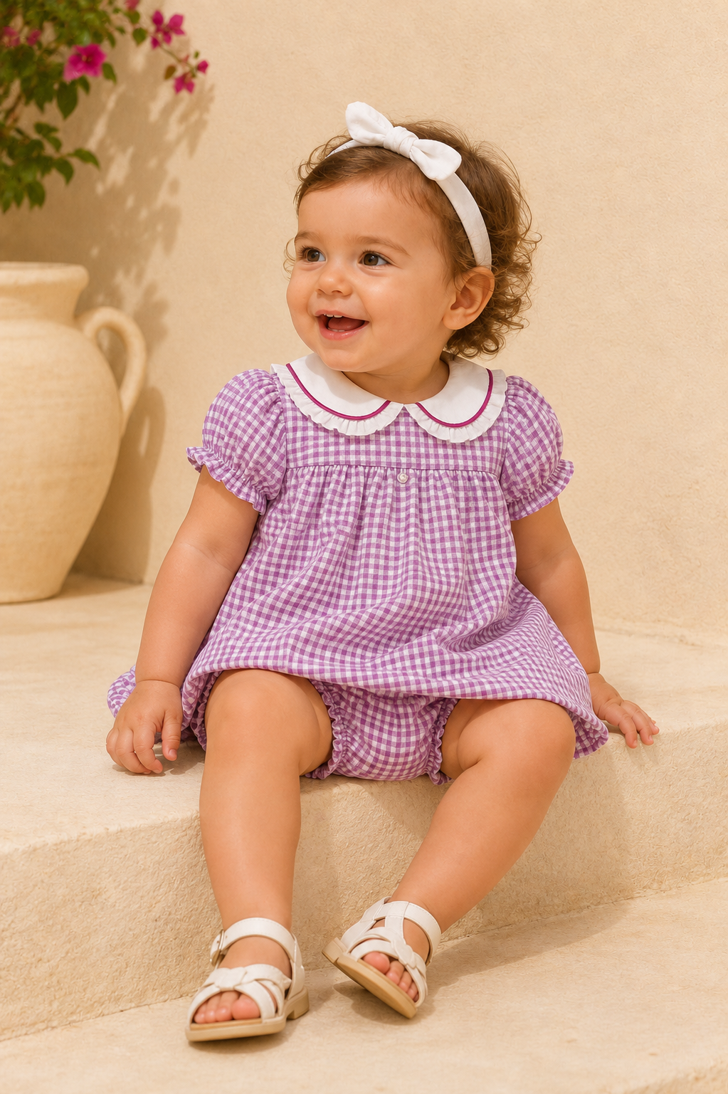 Ensemble Bébé Fille 2 Pièces – Robe Vichy Lavande & Bloomer Assorti