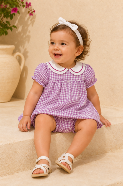 Ensemble Bébé Fille 2 Pièces – Robe Vichy Lavande & Bloomer Assorti