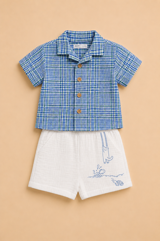 Ensemble Bébé Garçon 2 Pièces – Chemise Vichy Bleu & Short Blanc