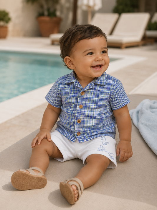 Ensemble Bébé Garçon 2 Pièces – Chemise Vichy Bleu & Short Blanc