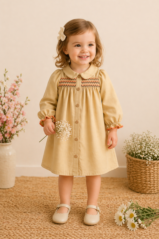 Robe bébé fille à smocks brodés – Élégance classique & charme délicat