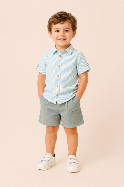 Ensemble garçon chemise rayée & short – Élégance estivale & confort