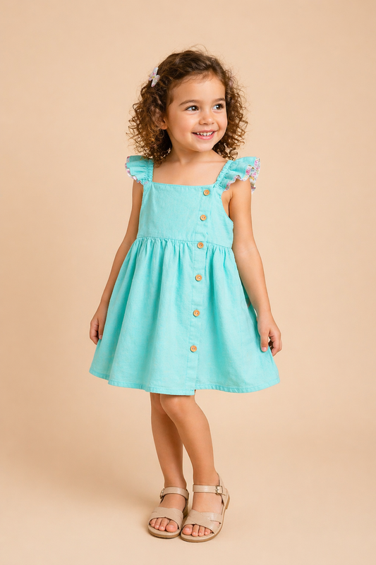 Robe fille turquoise à volants – Fraîcheur & élégance estivale
