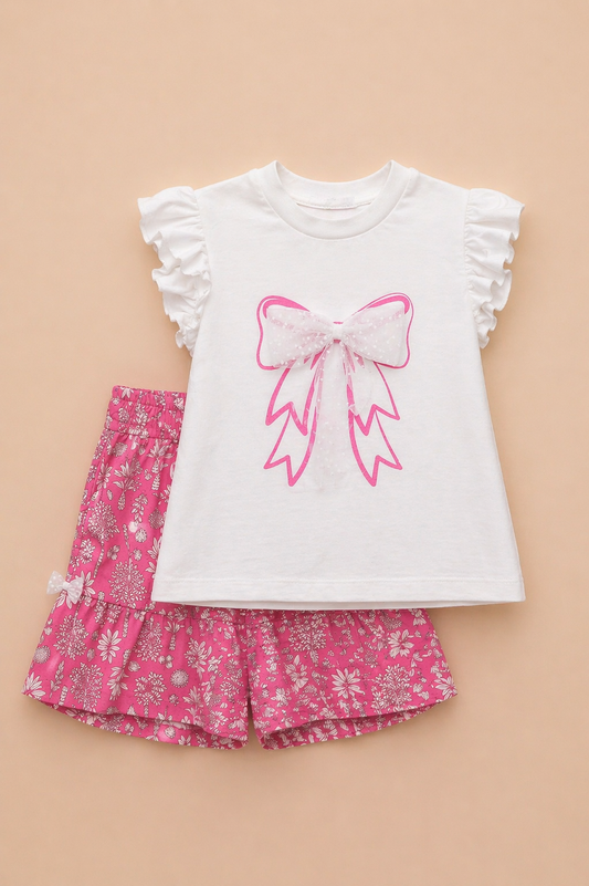 Ensemble fille t-shirt blanc & jupe rose – Douceur & style romantique