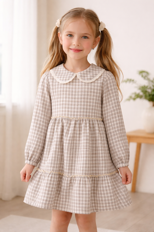 Robe à carreaux avec col dentelle – Fille