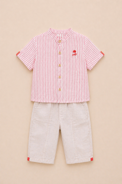 Ensemble garçon chemise rayée  & pantalon écru – Élégance estivale & confort chic
