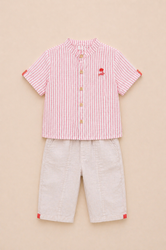 Ensemble garçon chemise rayée  & pantalon écru – Élégance estivale & confort chic