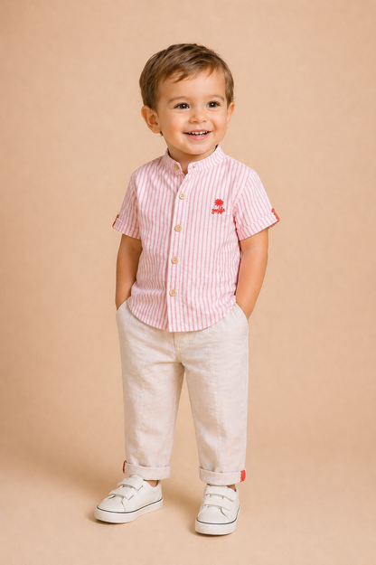 Ensemble garçon chemise rayée  & pantalon écru – Élégance estivale & confort chic