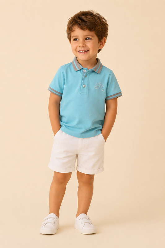 T-shirt polo en piqué 100% coton à col chemisier et broderie