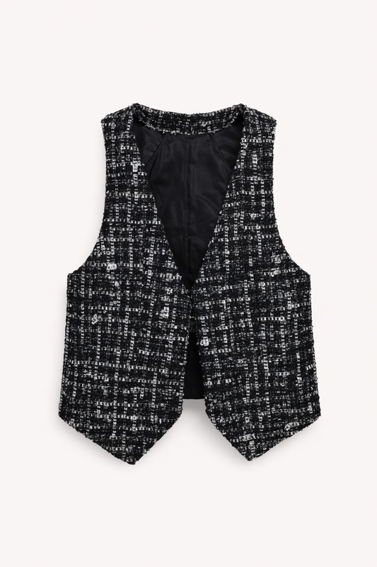Gilet Fille Tweed Noir & Blanc – Élégance Intemporelle