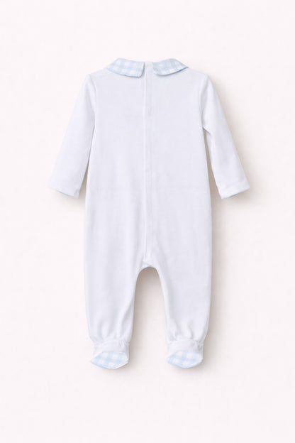 Grenouillère Bébé Garçon Blanche & Bleu Ciel – Motif Cheval à Bascule