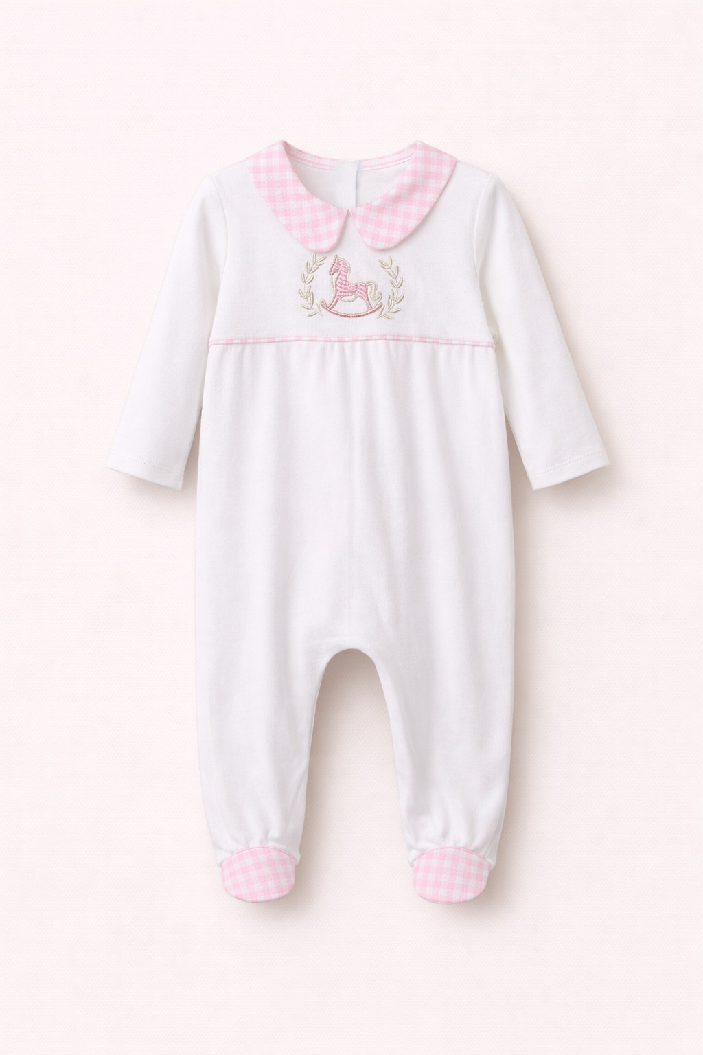Pyjama bébé blanc à col vichy rose – Élégance & tendresse