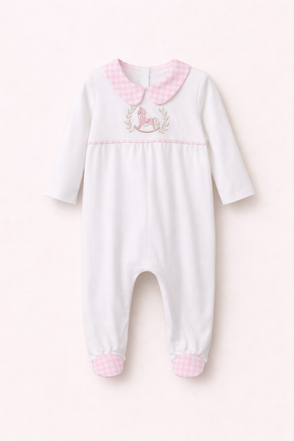 Pyjama bébé blanc à col vichy rose – Élégance & tendresse