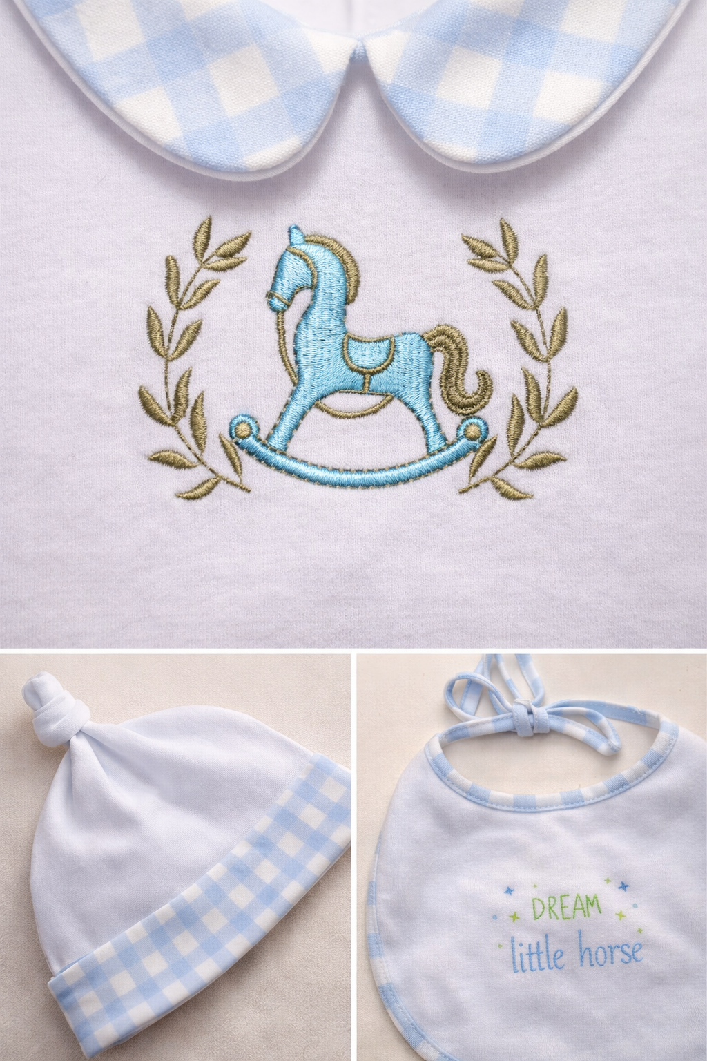 Grenouillère Bébé Garçon Blanche & Bleu Ciel – Motif Cheval à Bascule