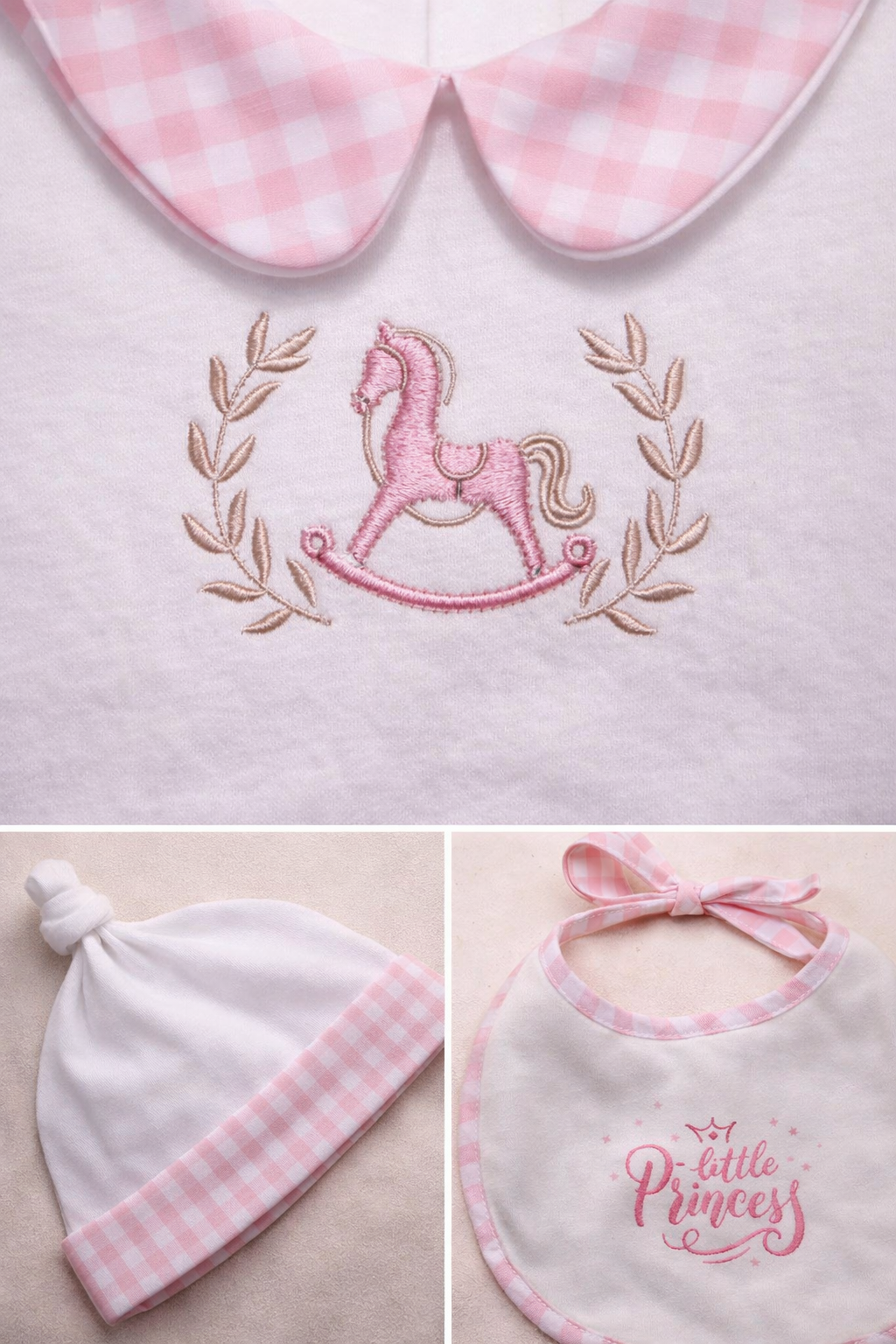 Pyjama bébé blanc à col vichy rose – Élégance & tendresse