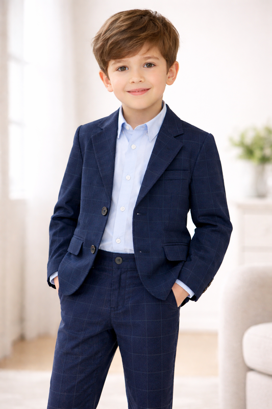 Ensemble Garçon Chic – Veste & Pantalon Bleu Marine à Carreaux