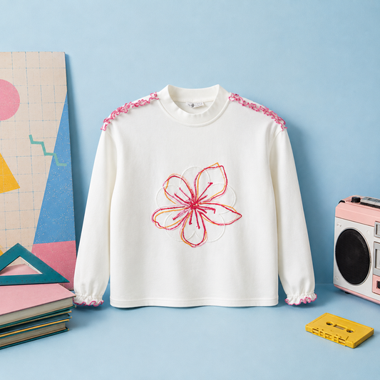 Sweat-shirt Écru à Motif Fleur Rose Brodé & Finitions Volantées