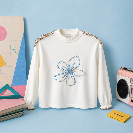 Sweat-shirt Écru à Motif Fleur Brodée & Détails Volantés
