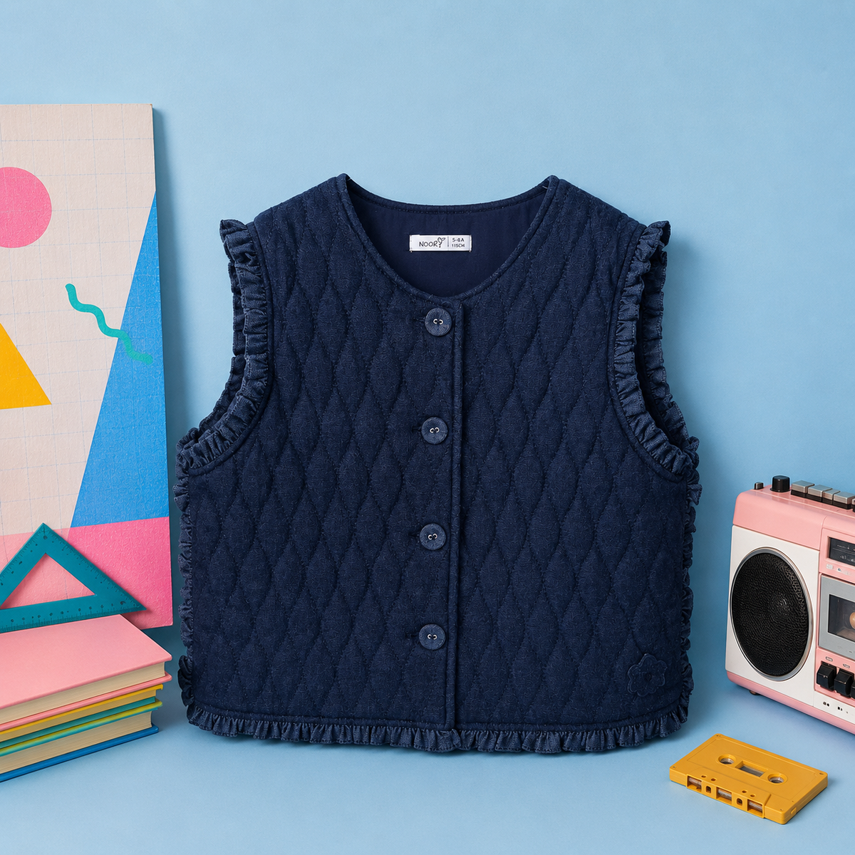 Gilet Sans Manches Bleu Marine – Matelassé Losanges & Finitions Volantées