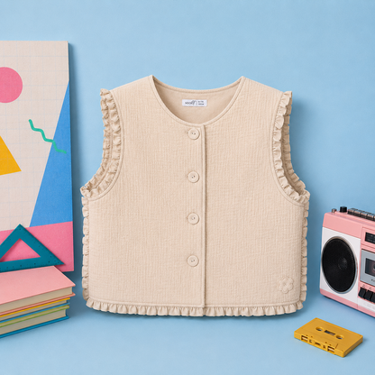 Gilet Sans Manches Beige Sable – Gaze de Coton Matelassée & Finitions Volantées