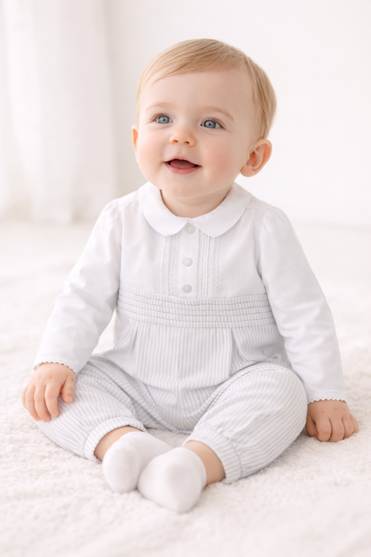 Barboteuse Classique Blanc & Rayures – Bébé Garçon