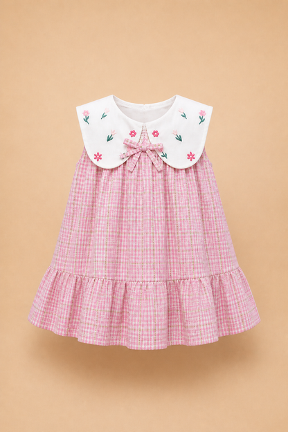 Robe Bébé Fille à Carreaux Roses avec Col Brodé
