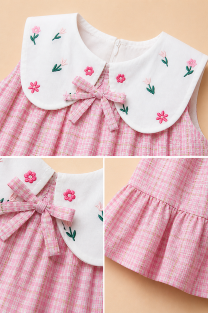 Robe Bébé Fille à Carreaux Roses avec Col Brodé