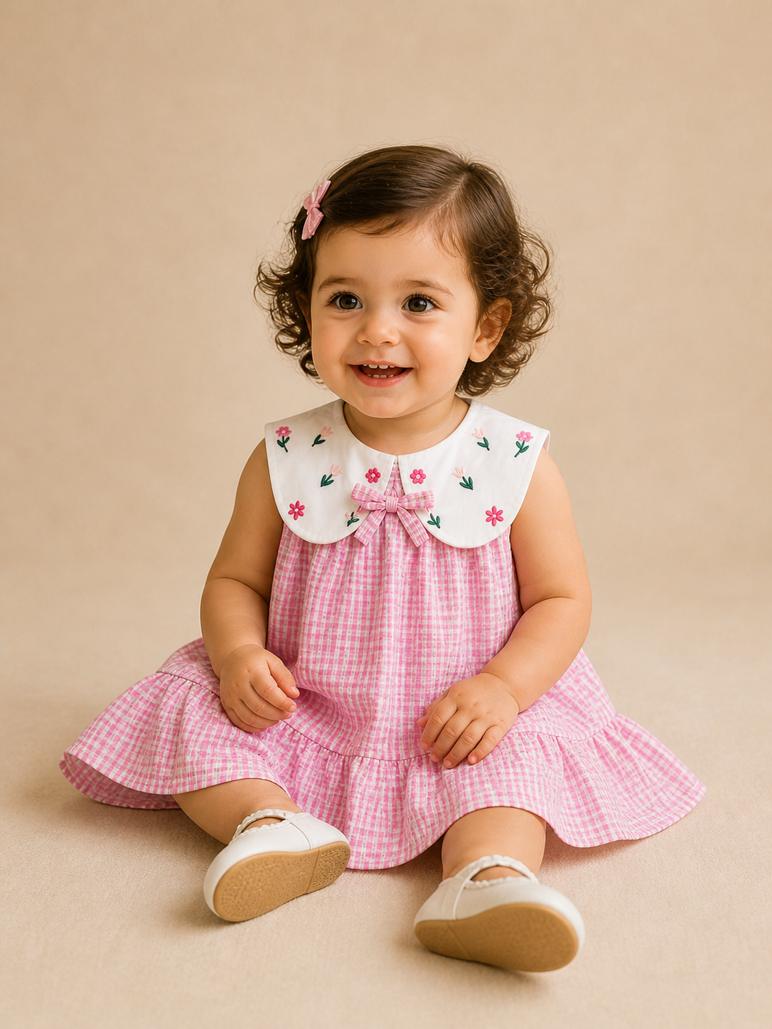 Robe Bébé Fille à Carreaux Roses avec Col Brodé