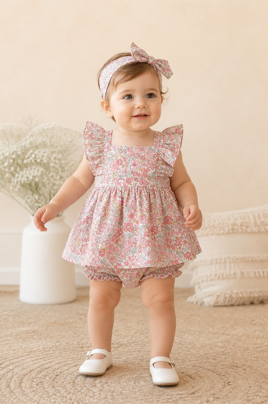 Ensemble Bébé Fille 2 Pièces – Robe Fleurie & Bloomer Assorti